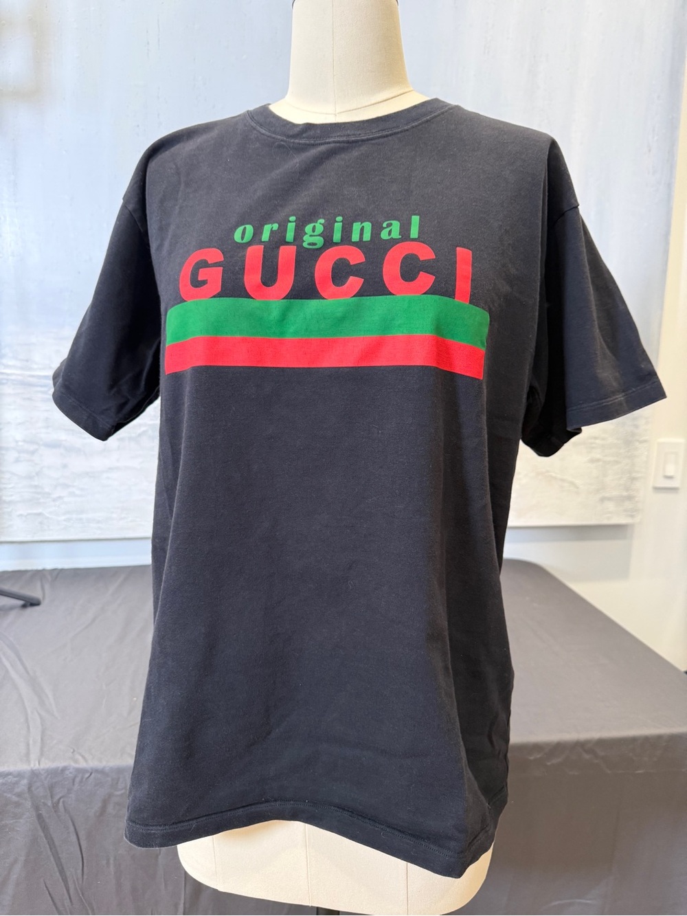 Gucci Original Black Tee with Red and Green Logo Stripe